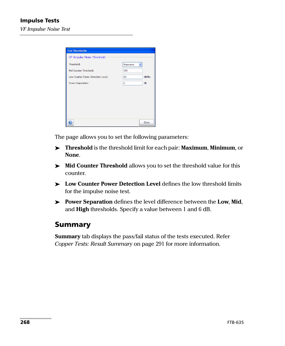 Summary | EXFO FTB-635 Wideband Copper and DSL Test Module User Manual | Page 276 / 373