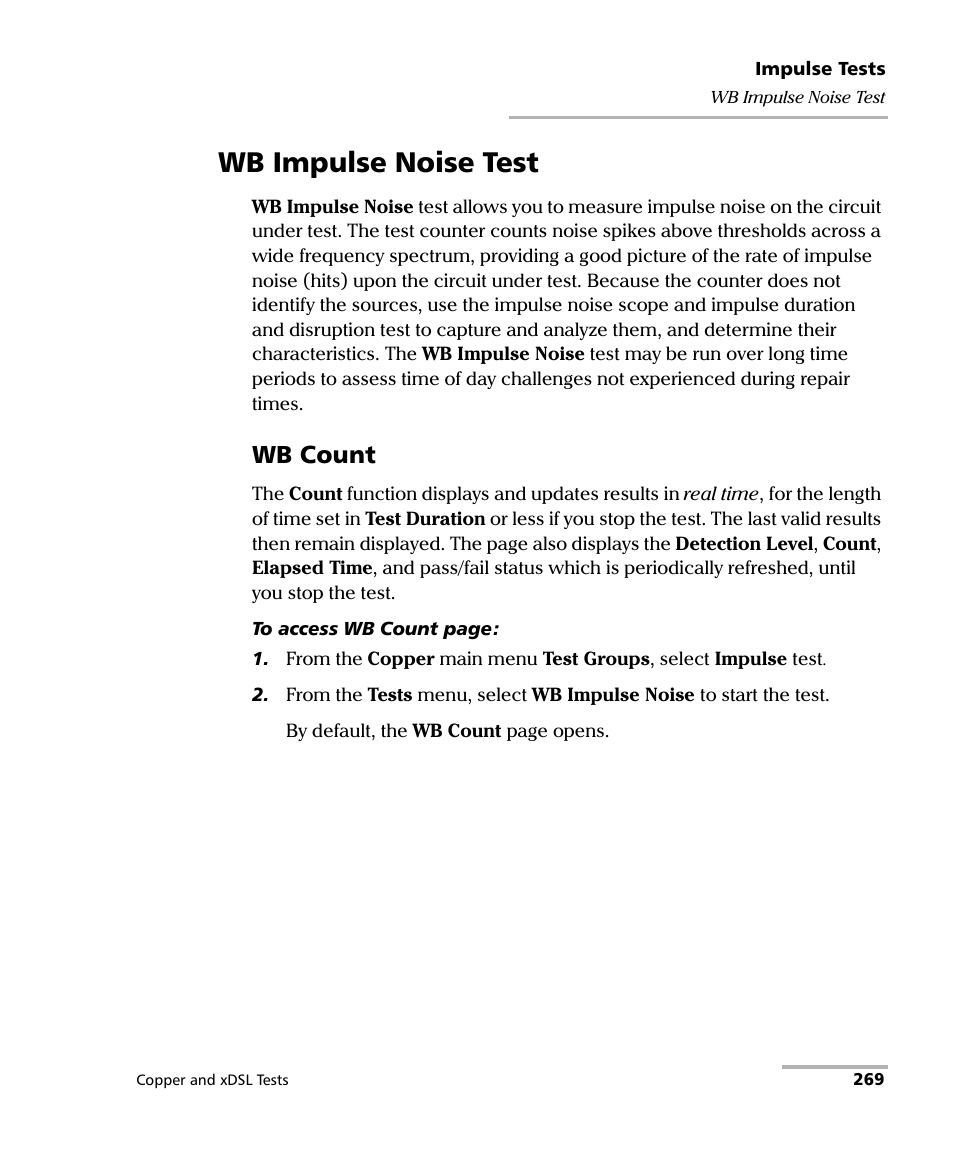 Wb impulse noise test, Wb count | EXFO FTB-635 Wideband Copper and DSL Test Module User Manual | Page 277 / 373