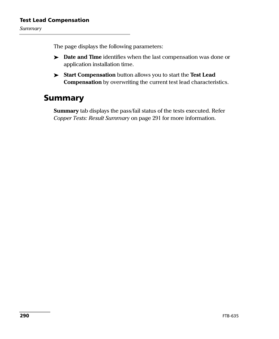 Summary | EXFO FTB-635 Wideband Copper and DSL Test Module User Manual | Page 298 / 373