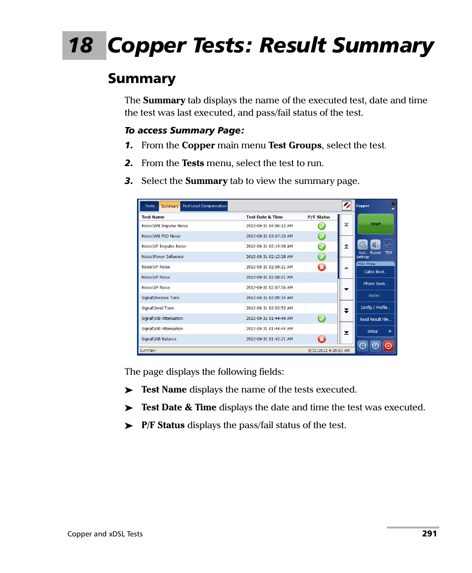 18 copper tests: result summary, Summary | EXFO FTB-635 Wideband Copper and DSL Test Module User Manual | Page 299 / 373
