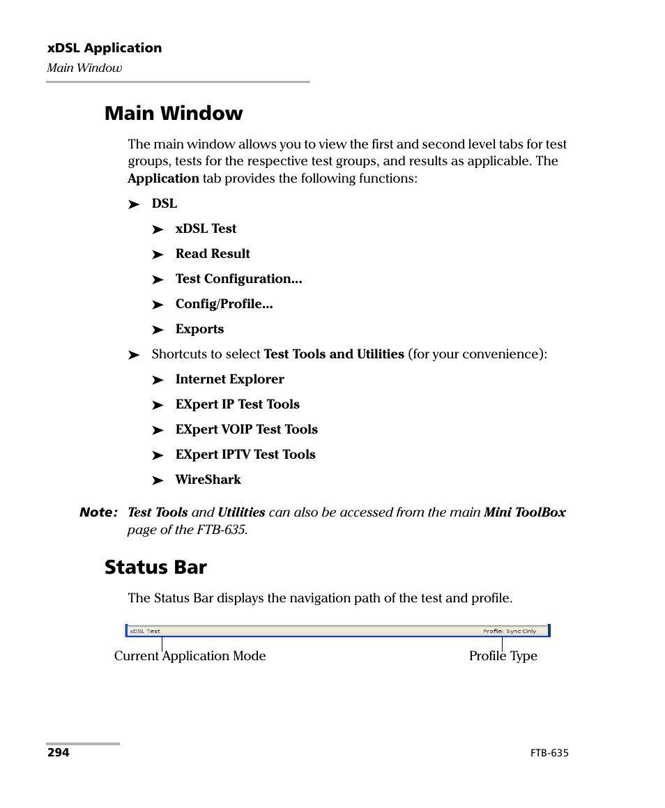 Main window, Status bar, Main window status bar | EXFO FTB-635 Wideband Copper and DSL Test Module User Manual | Page 302 / 373