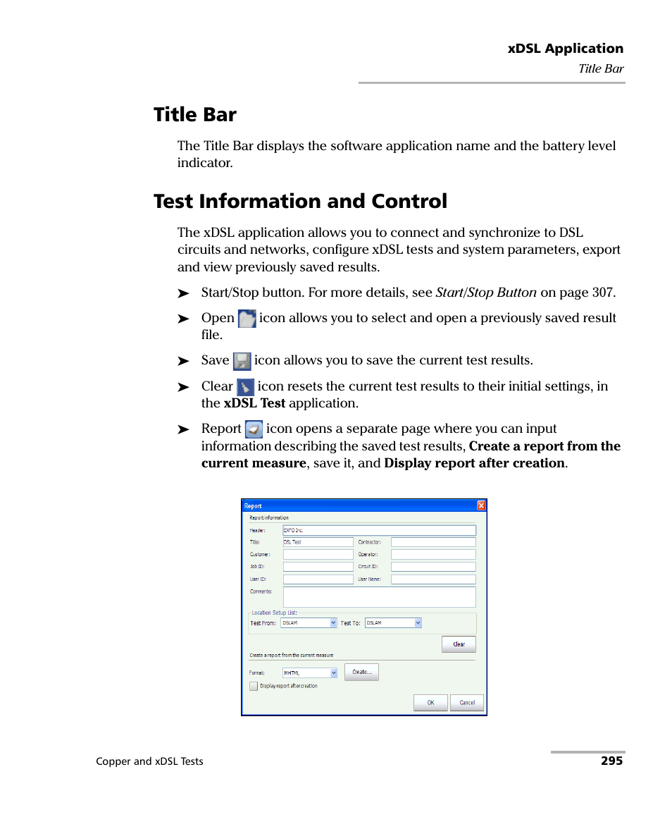Title bar, Test information and control, Title bar test information and control | EXFO FTB-635 Wideband Copper and DSL Test Module User Manual | Page 303 / 373