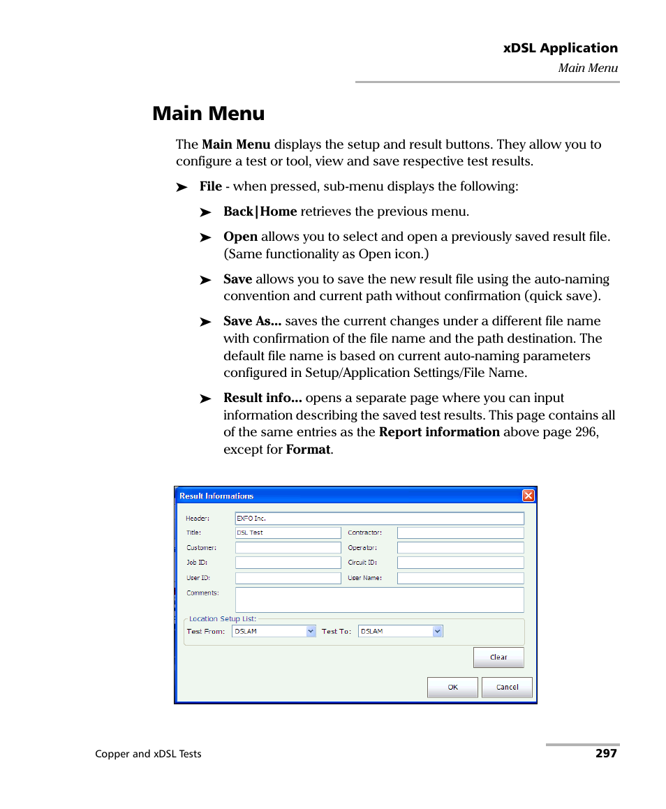 Main menu | EXFO FTB-635 Wideband Copper and DSL Test Module User Manual | Page 305 / 373