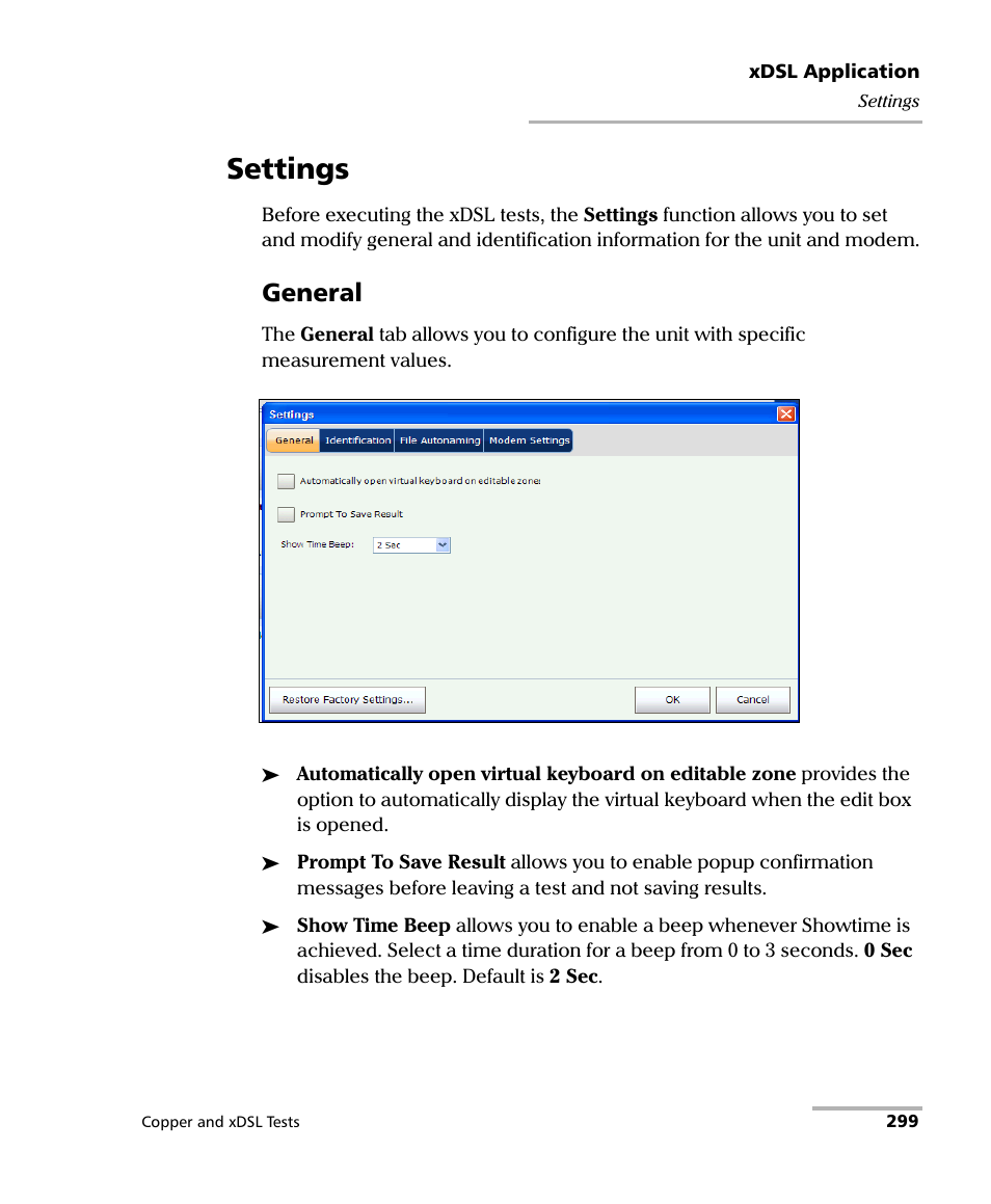 Settings, General | EXFO FTB-635 Wideband Copper and DSL Test Module User Manual | Page 307 / 373