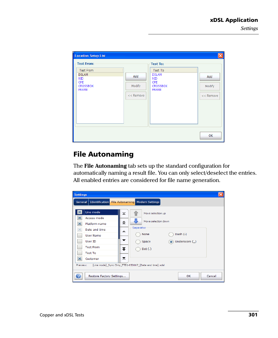 File autonaming | EXFO FTB-635 Wideband Copper and DSL Test Module User Manual | Page 309 / 373