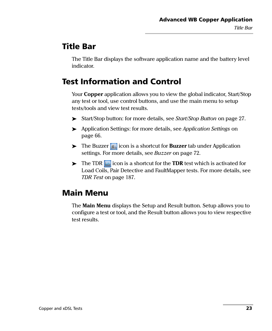 Title bar, Test information and control, Main menu | Title bar test information and control main menu | EXFO FTB-635 Wideband Copper and DSL Test Module User Manual | Page 31 / 373