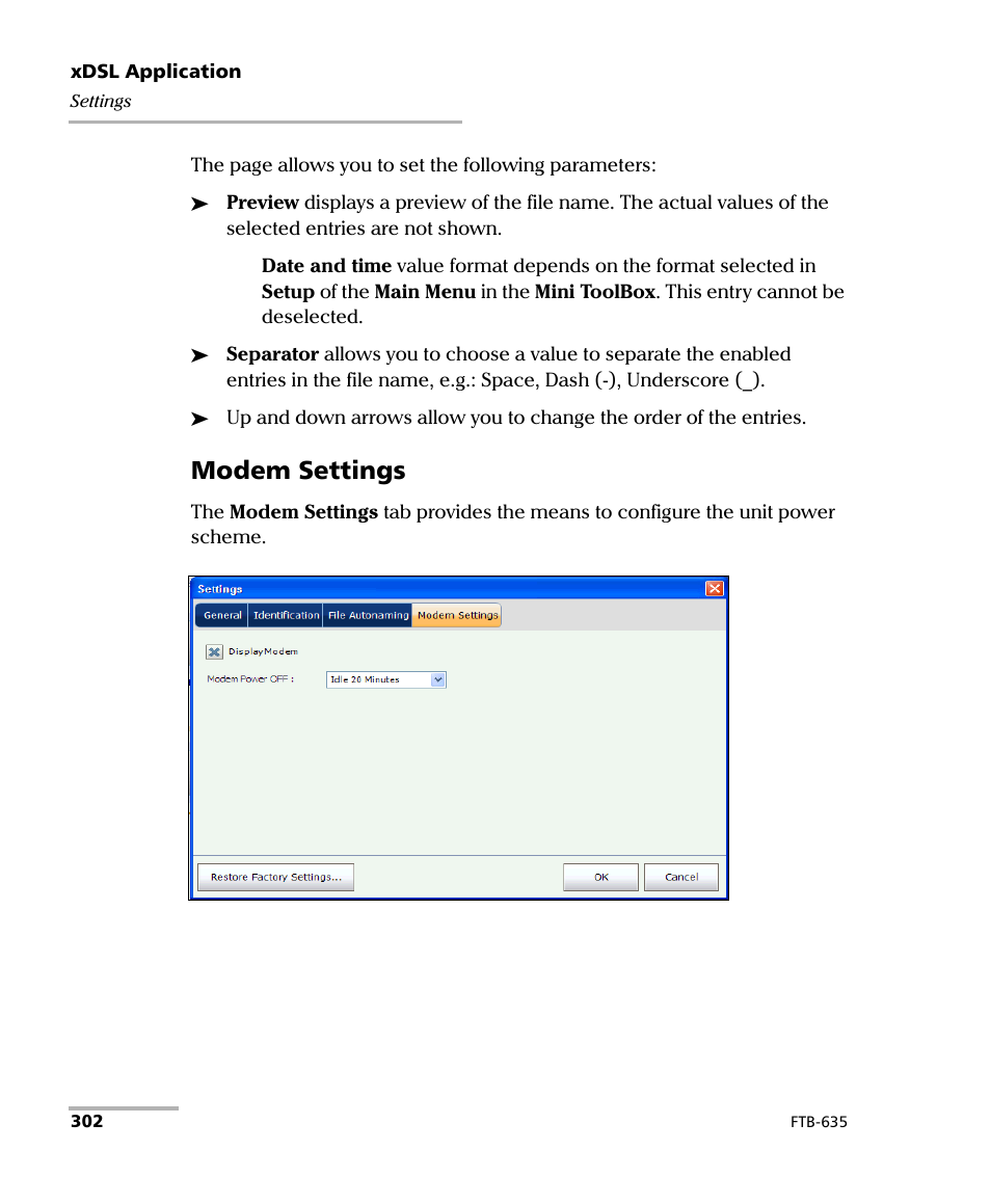 Modem settings | EXFO FTB-635 Wideband Copper and DSL Test Module User Manual | Page 310 / 373