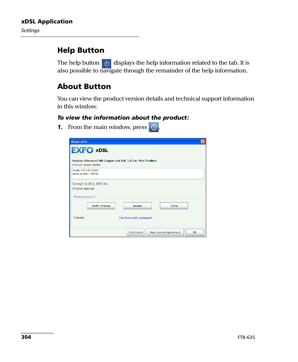 Help button, About button | EXFO FTB-635 Wideband Copper and DSL Test Module User Manual | Page 312 / 373