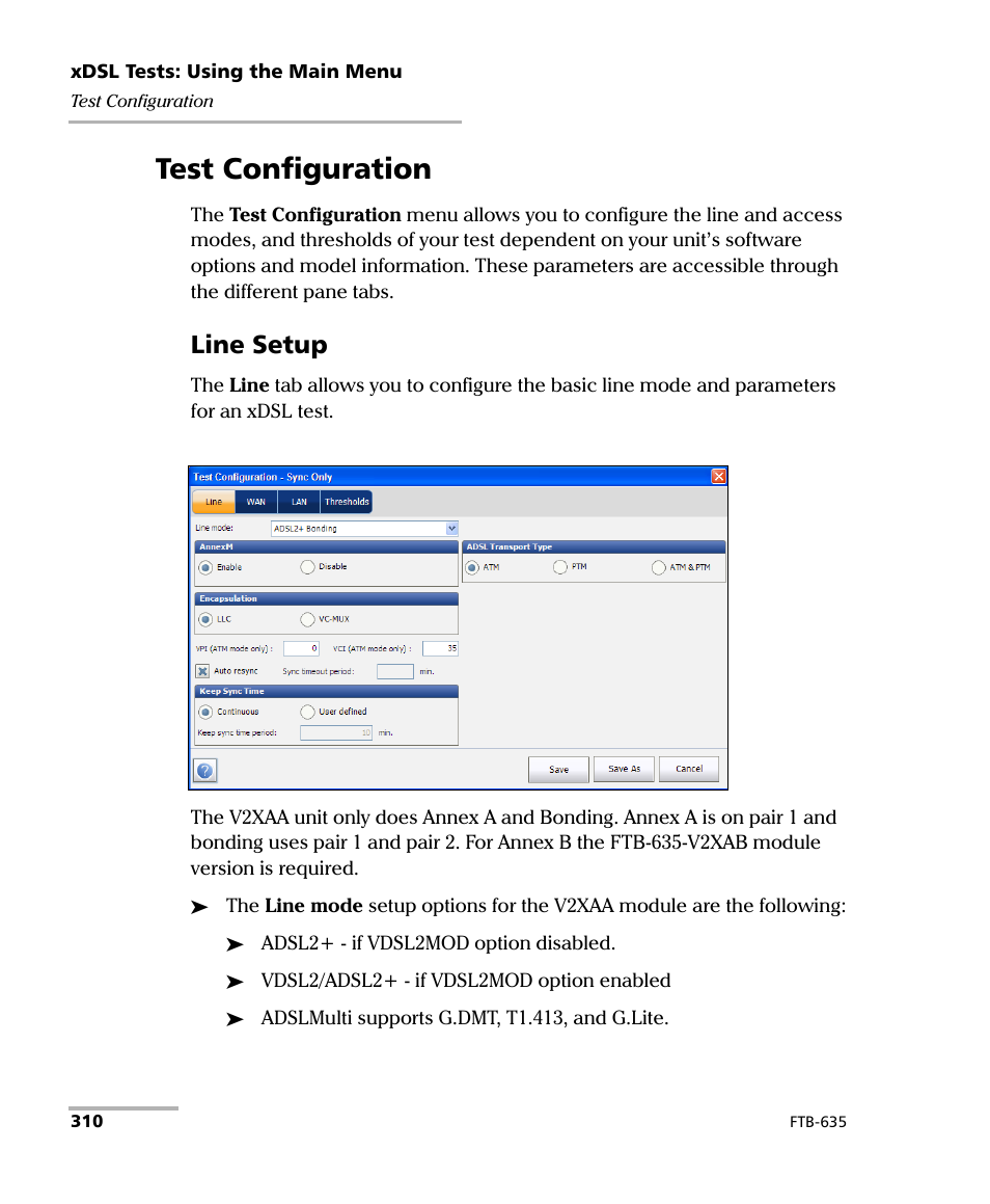 Test configuration, Line setup | EXFO FTB-635 Wideband Copper and DSL Test Module User Manual | Page 318 / 373