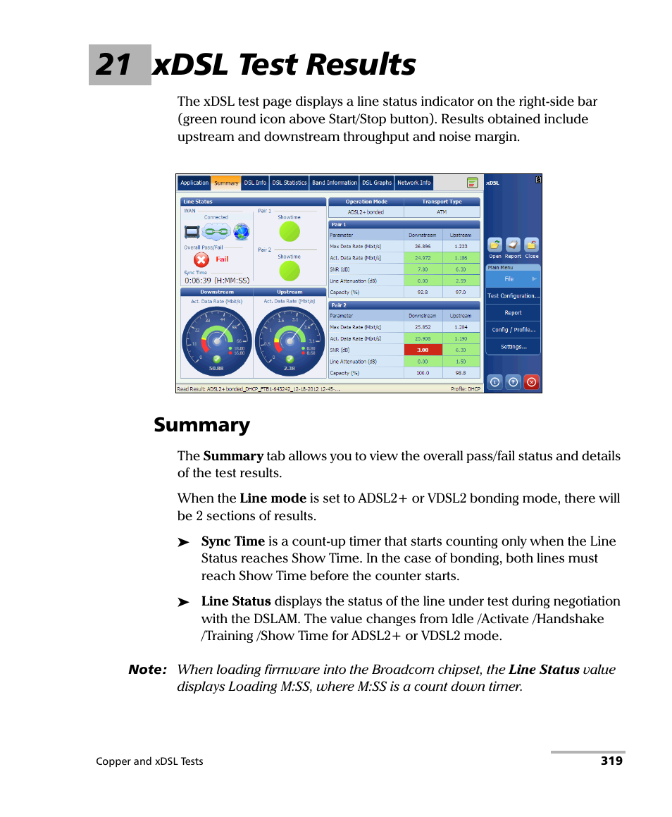 21 xdsl test results, Summary | EXFO FTB-635 Wideband Copper and DSL Test Module User Manual | Page 327 / 373