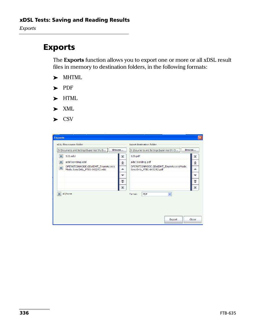 Exports | EXFO FTB-635 Wideband Copper and DSL Test Module User Manual | Page 344 / 373
