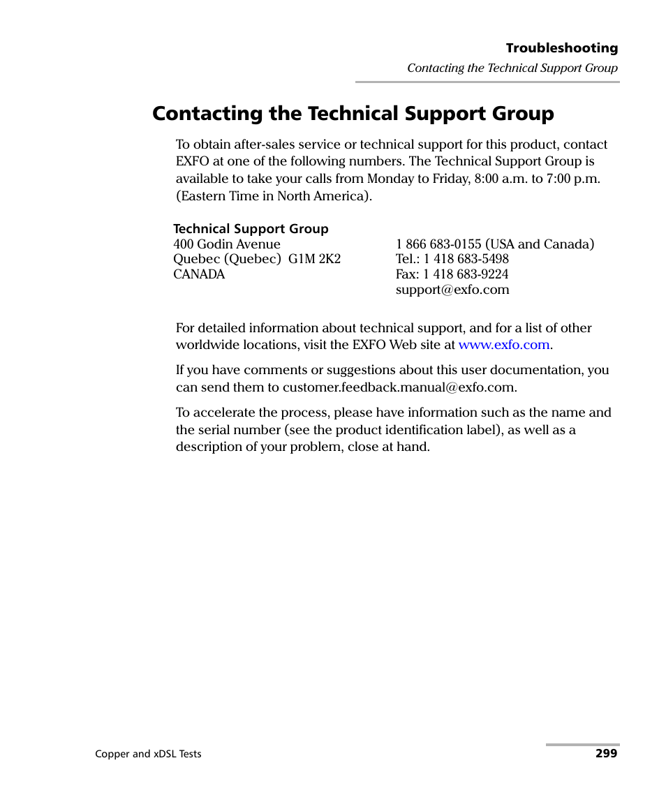 Contacting the technical support group | EXFO FTB-635 Wideband Copper and DSL Test Module User Manual | Page 353 / 373