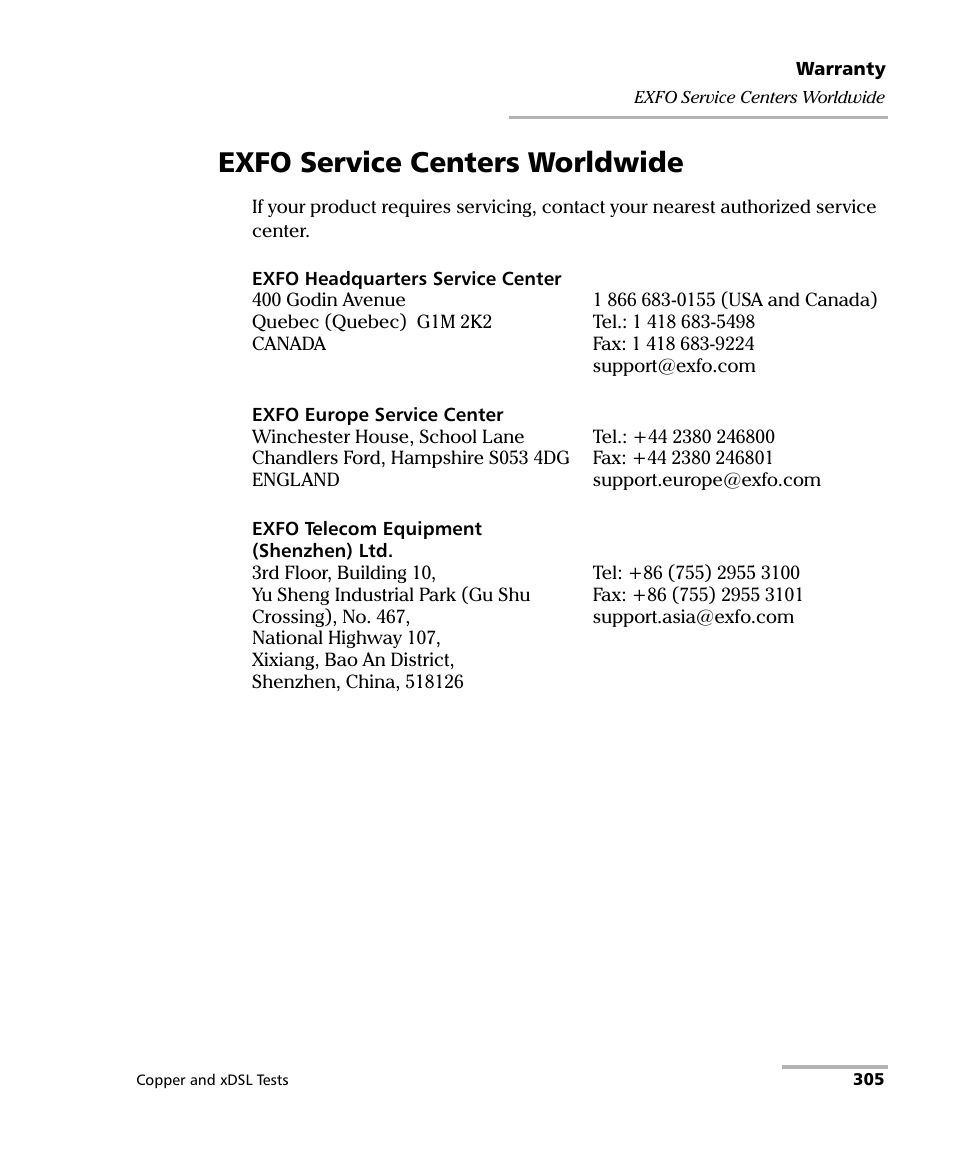 Exfo service centers worldwide | EXFO FTB-635 Wideband Copper and DSL Test Module User Manual | Page 359 / 373