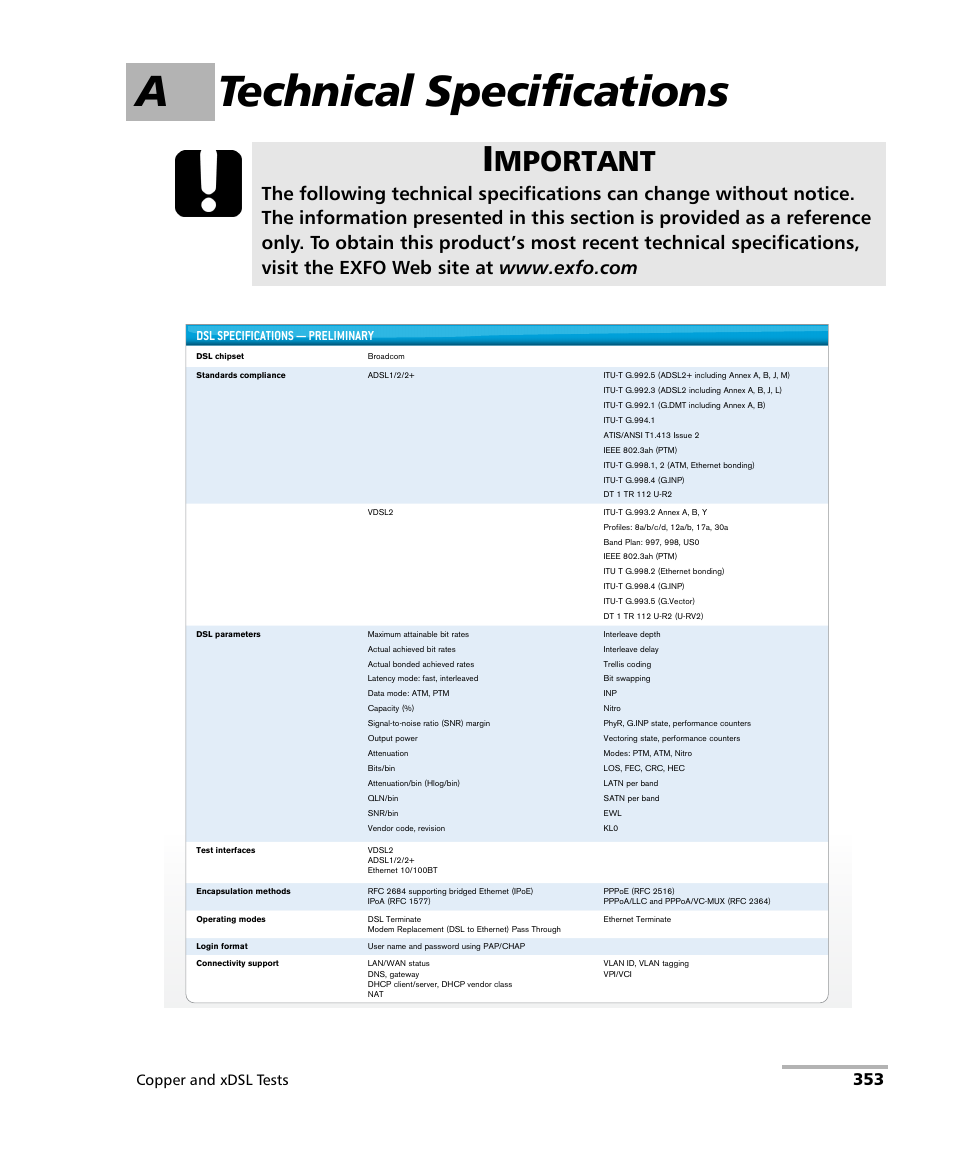 A technical specifications, Mportant, Copper and xdsl tests | Dsl specifications — preliminary | EXFO FTB-635 Wideband Copper and DSL Test Module User Manual | Page 361 / 373