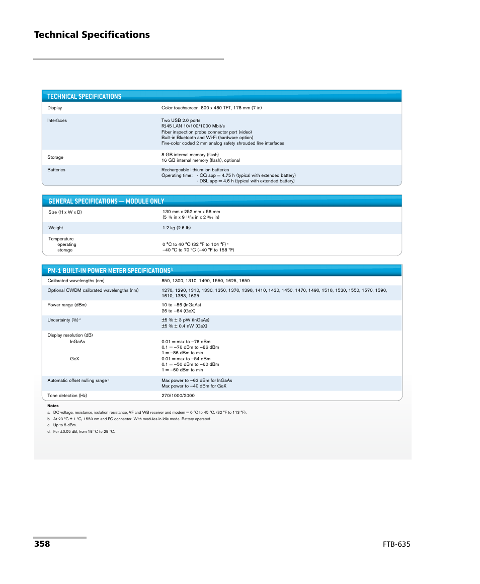 Technical specifications, Ftb-635 pm-1 built-in power meter specifications, General specifications — module only | EXFO FTB-635 Wideband Copper and DSL Test Module User Manual | Page 366 / 373