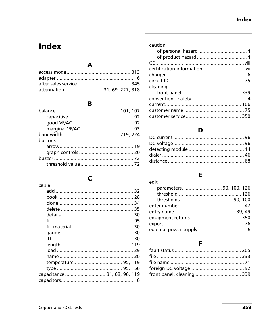 Index | EXFO FTB-635 Wideband Copper and DSL Test Module User Manual | Page 367 / 373