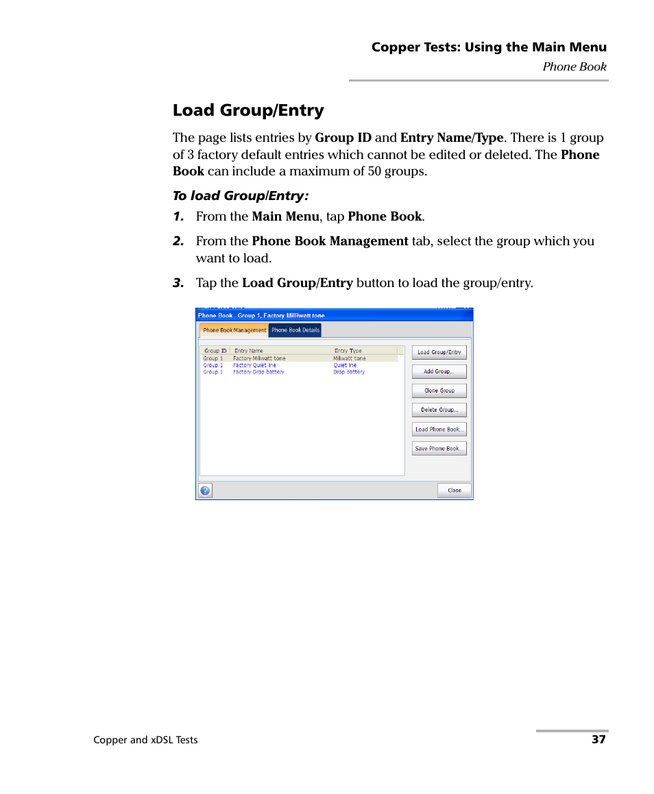 Load group/entry | EXFO FTB-635 Wideband Copper and DSL Test Module User Manual | Page 45 / 373
