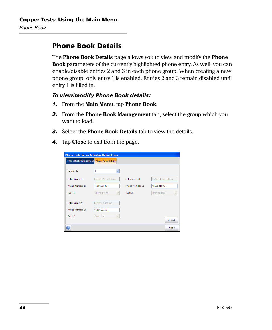 Phone book details | EXFO FTB-635 Wideband Copper and DSL Test Module User Manual | Page 46 / 373