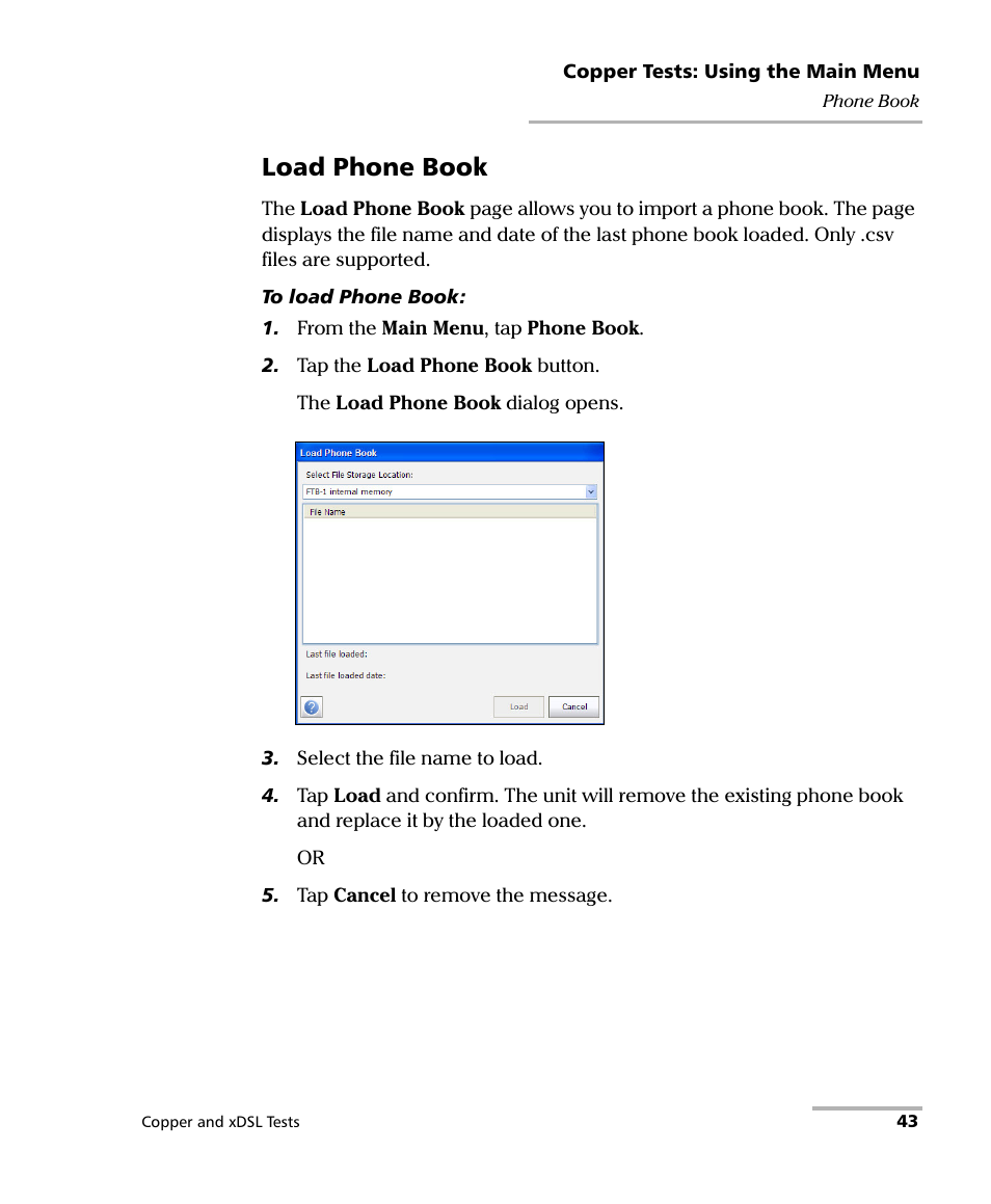 Load phone book | EXFO FTB-635 Wideband Copper and DSL Test Module User Manual | Page 51 / 373
