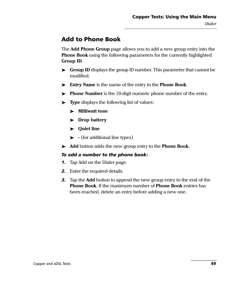 Add to phone book | EXFO FTB-635 Wideband Copper and DSL Test Module User Manual | Page 57 / 373