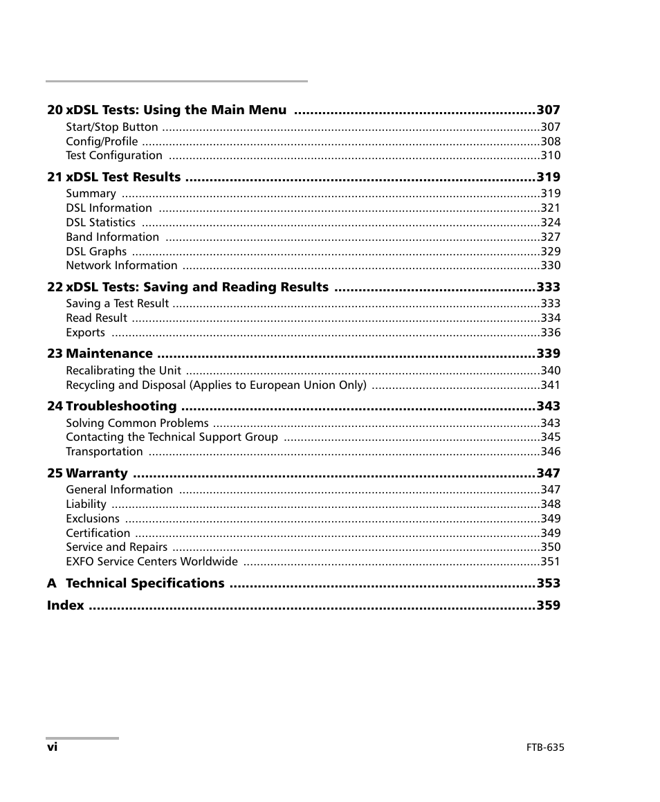 EXFO FTB-635 Wideband Copper and DSL Test Module User Manual | Page 6 / 373