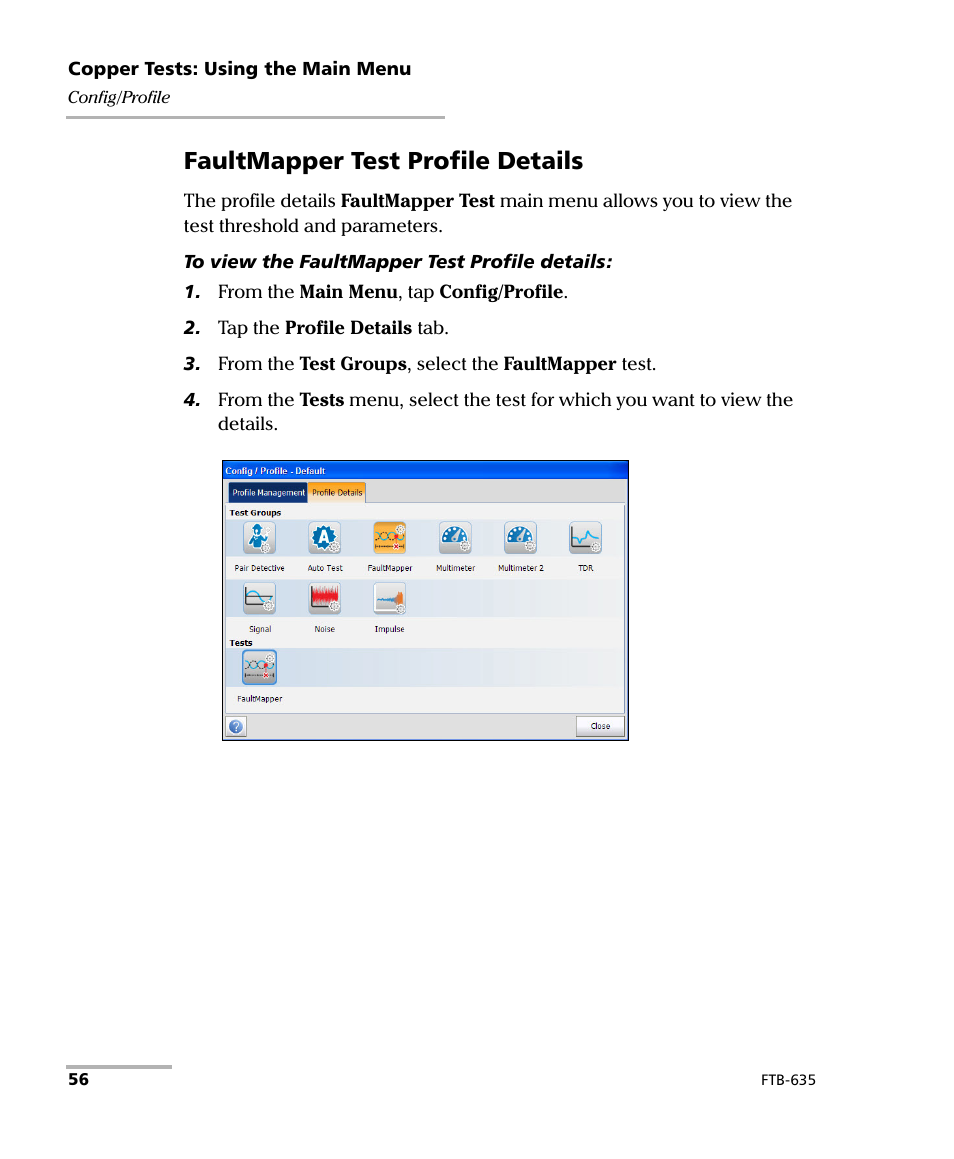 Faultmapper test profile details | EXFO FTB-635 Wideband Copper and DSL Test Module User Manual | Page 64 / 373