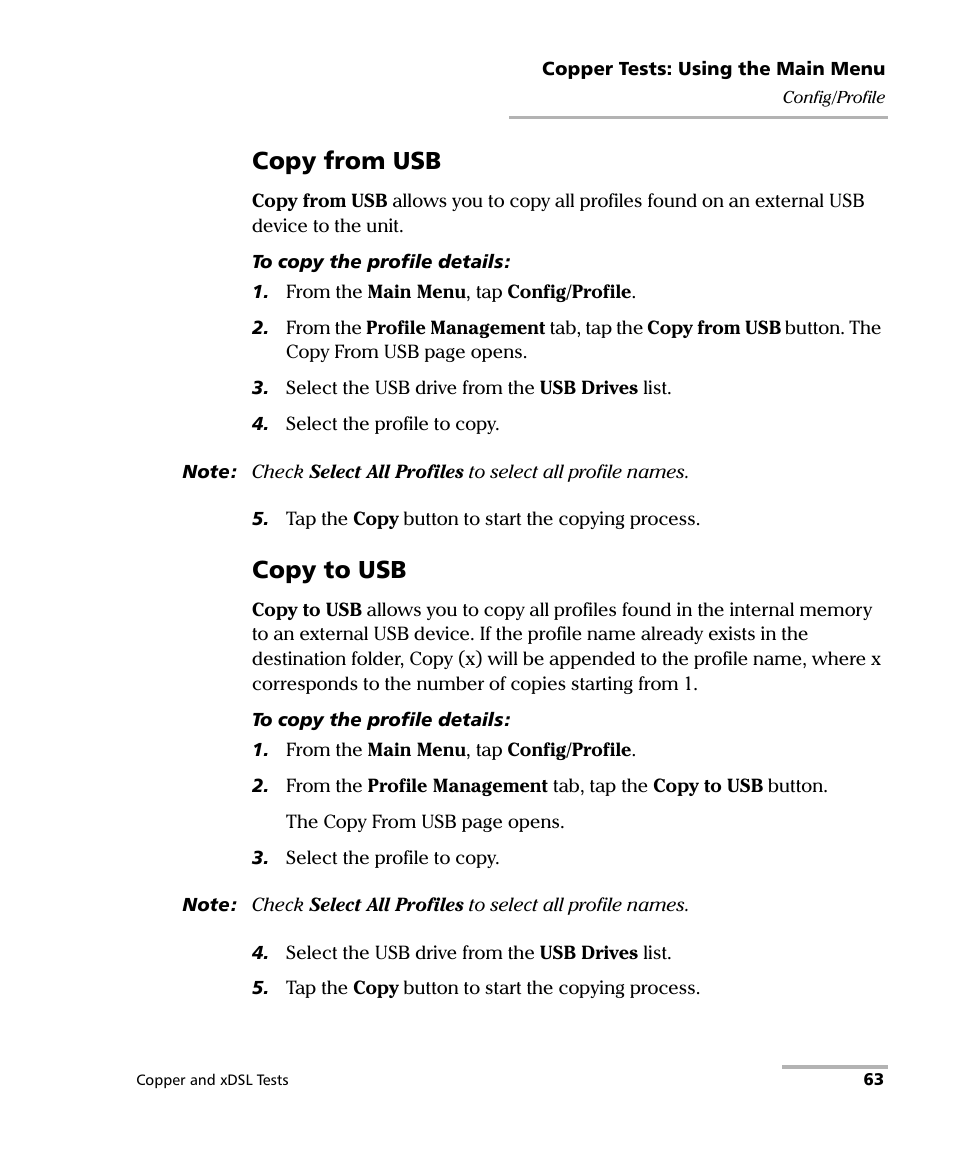 Copy from usb, Copy to usb | EXFO FTB-635 Wideband Copper and DSL Test Module User Manual | Page 71 / 373
