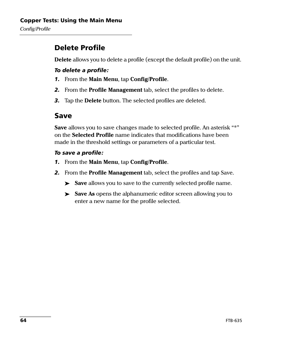 Delete profile, Save | EXFO FTB-635 Wideband Copper and DSL Test Module User Manual | Page 72 / 373