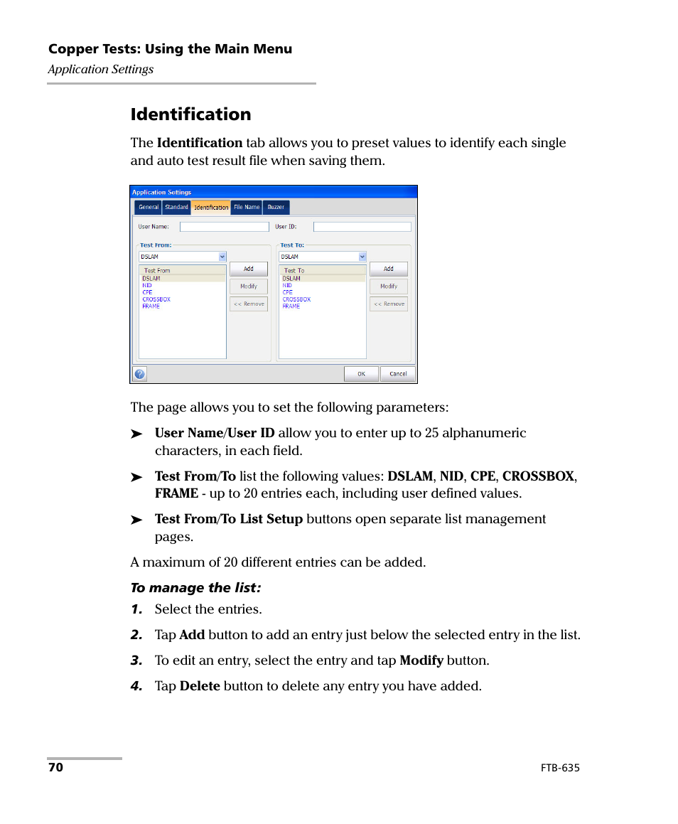 Identification | EXFO FTB-635 Wideband Copper and DSL Test Module User Manual | Page 78 / 373