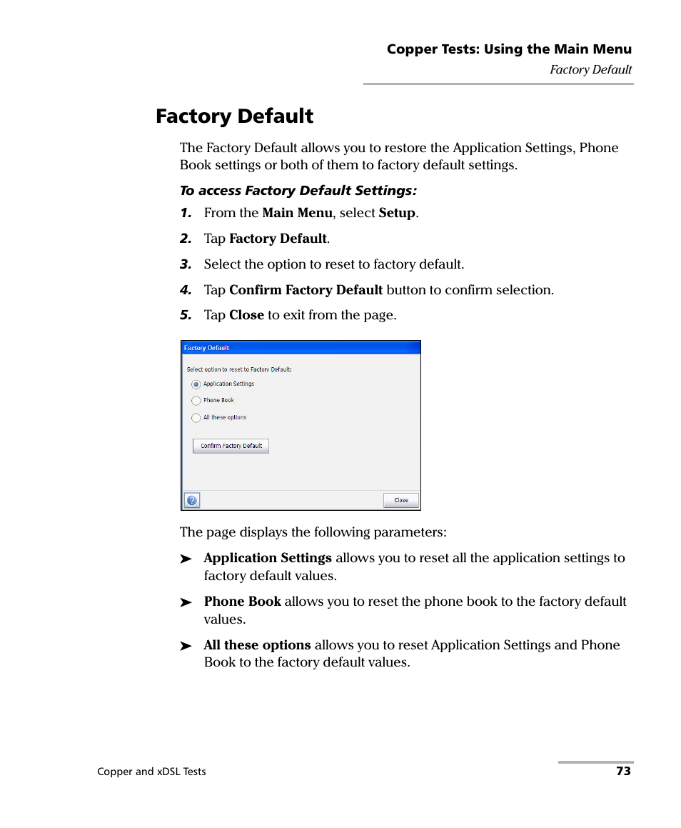 Factory default | EXFO FTB-635 Wideband Copper and DSL Test Module User Manual | Page 81 / 373