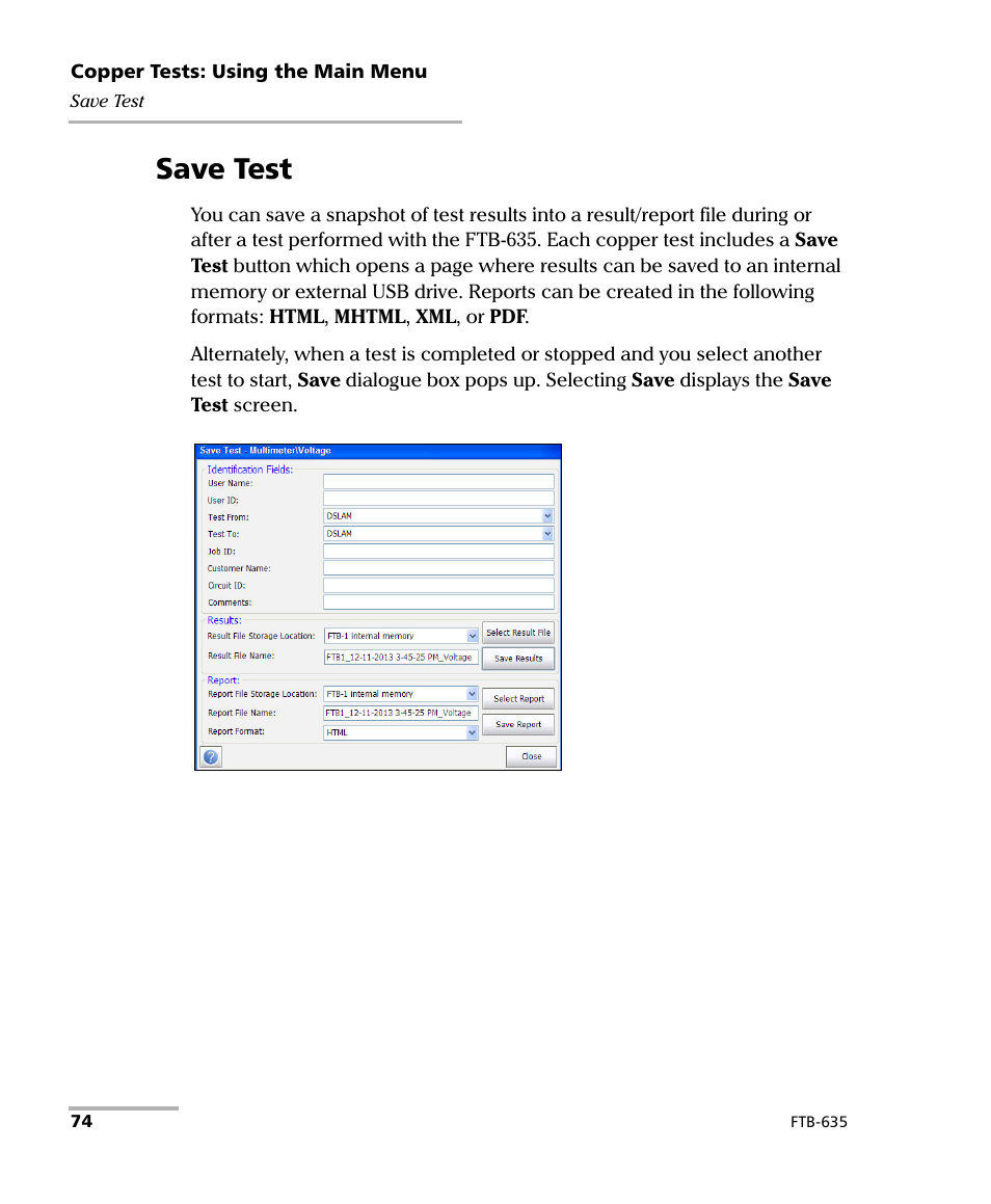 Save test | EXFO FTB-635 Wideband Copper and DSL Test Module User Manual | Page 82 / 373