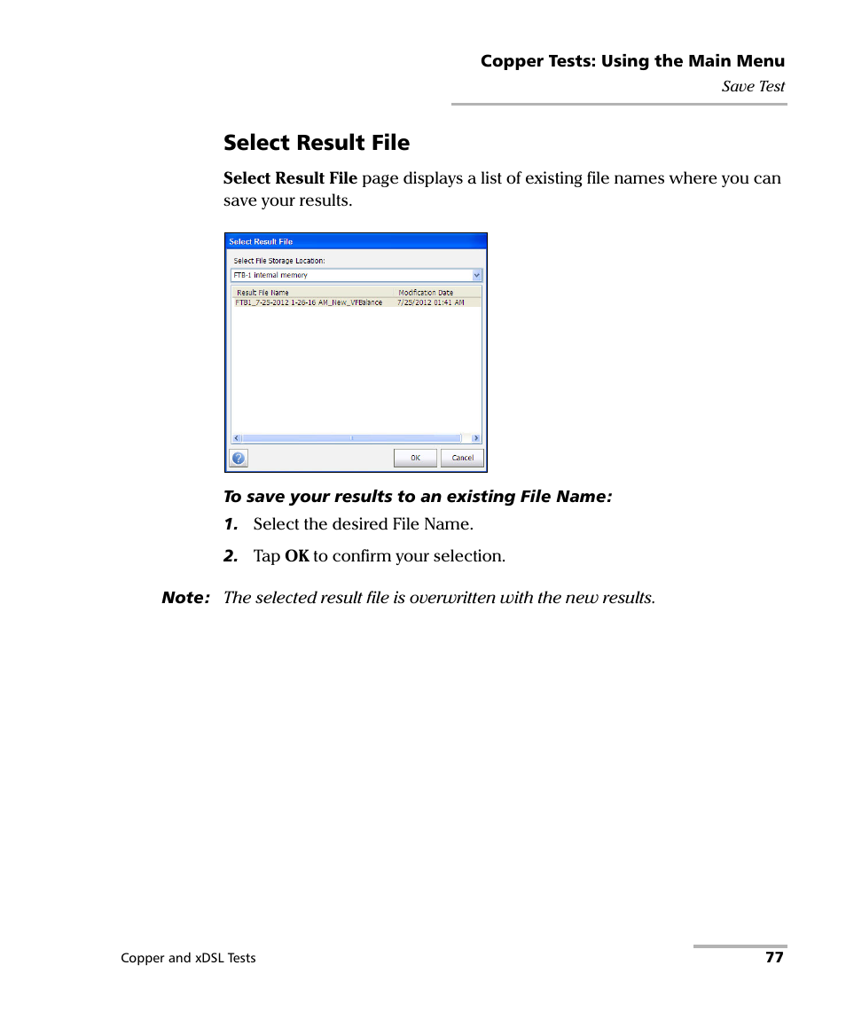 Select result file | EXFO FTB-635 Wideband Copper and DSL Test Module User Manual | Page 85 / 373