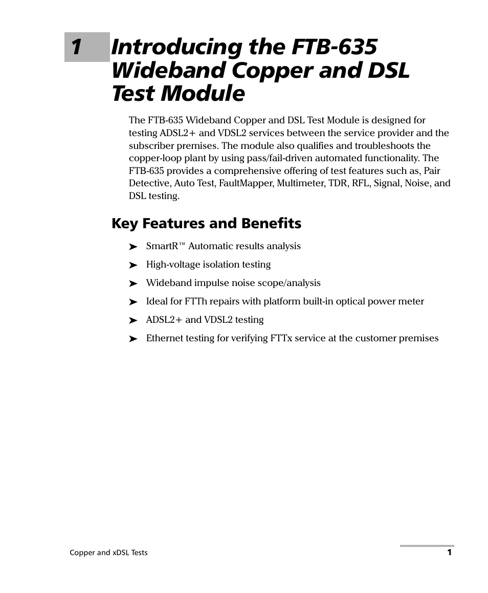 Key features and benefits | EXFO FTB-635 Wideband Copper and DSL Test Module User Manual | Page 9 / 373