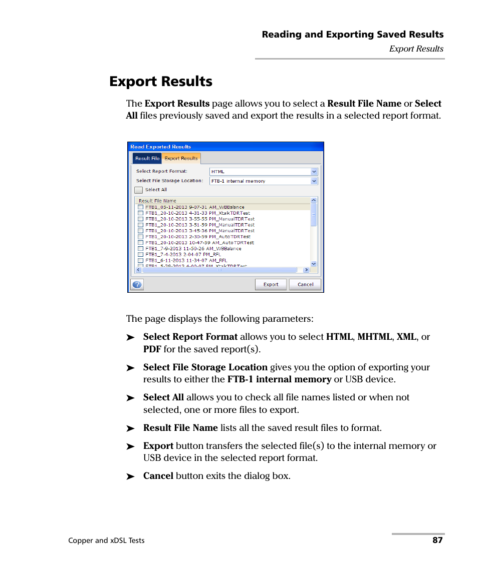 Export results | EXFO FTB-635 Wideband Copper and DSL Test Module User Manual | Page 95 / 373