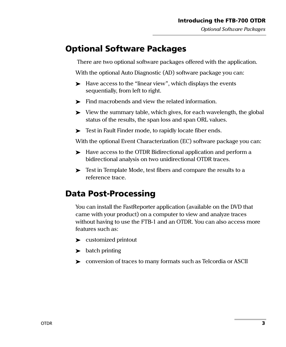 Optional software packages, Data post-processing, Optional software packages data post-processing | EXFO FTB-700 for FTB-1 User Manual | Page 11 / 329