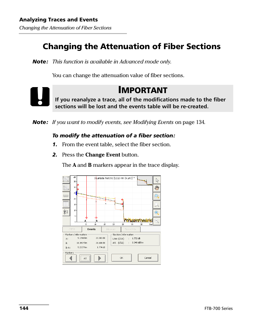 Changing the attenuation of fiber sections, Mportant | EXFO FTB-700 for FTB-1 User Manual | Page 152 / 329