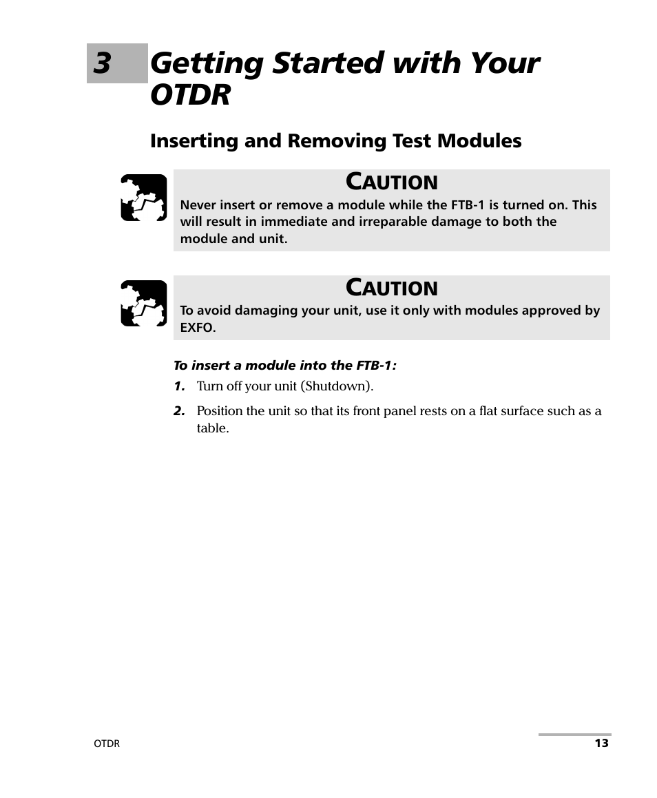 3 getting started with your otdr, Inserting and removing test modules, 3getting started with your otdr | EXFO FTB-700 for FTB-1 User Manual | Page 21 / 329