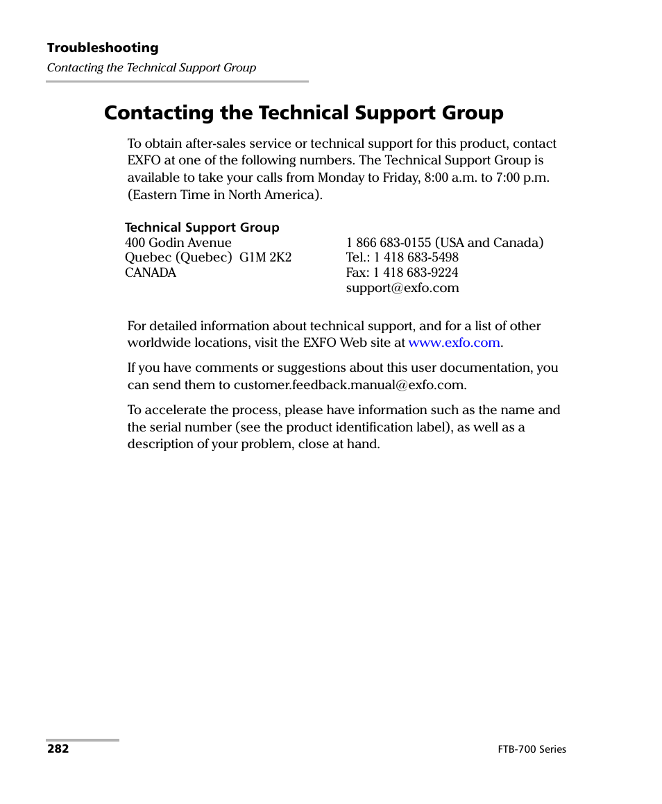 Contacting the technical support group | EXFO FTB-700 for FTB-1 User Manual | Page 290 / 329