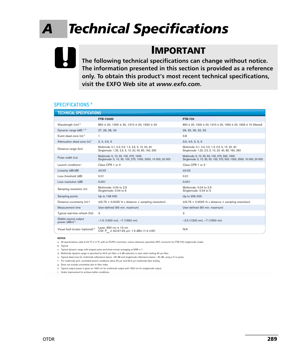 A technical specifications, Mportant, Specifications | Otdr, Technical specifications | EXFO FTB-700 for FTB-1 User Manual | Page 297 / 329