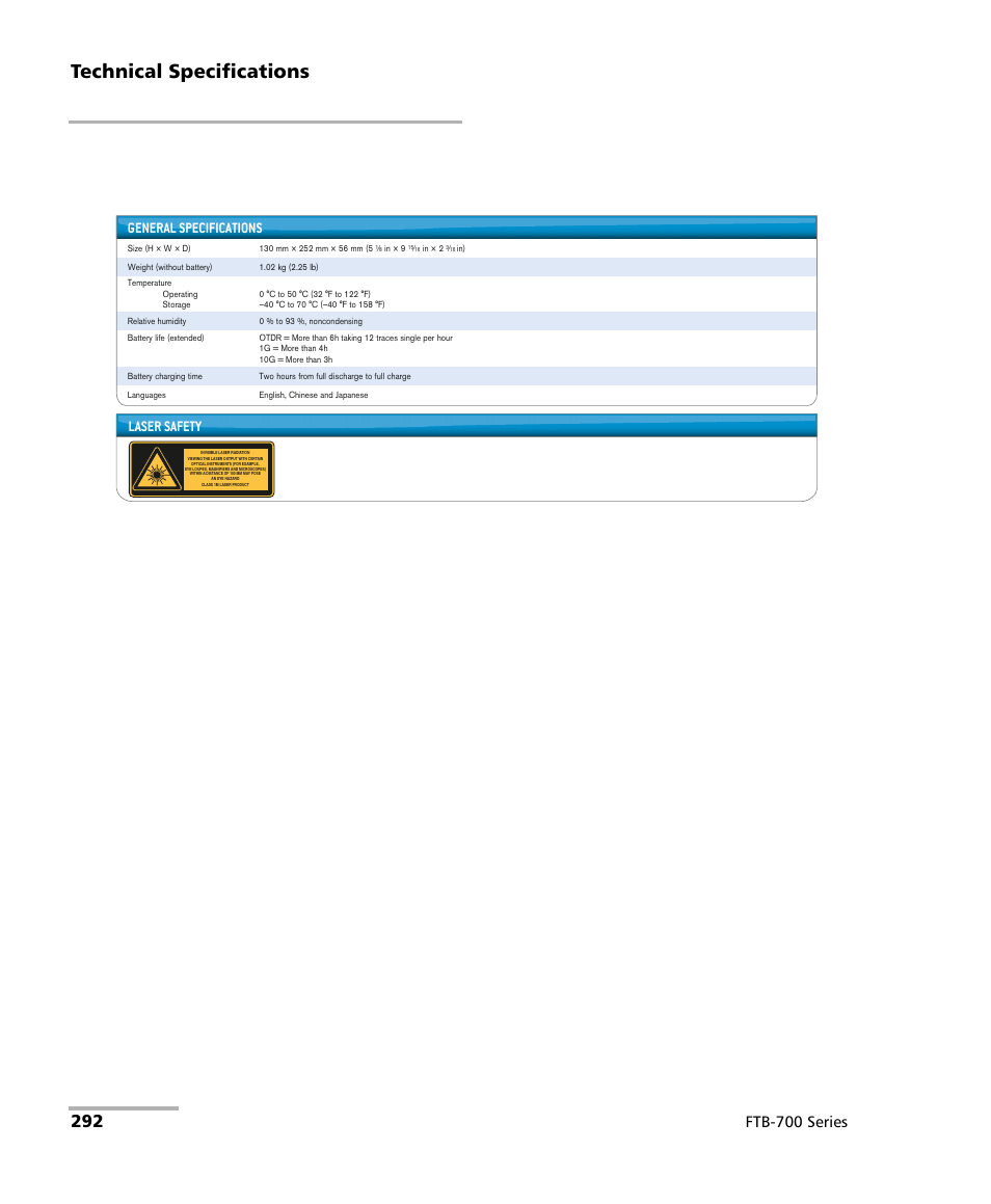 Technical specifications, Ftb-700 series general specifications, Laser safety | EXFO FTB-700 for FTB-1 User Manual | Page 300 / 329