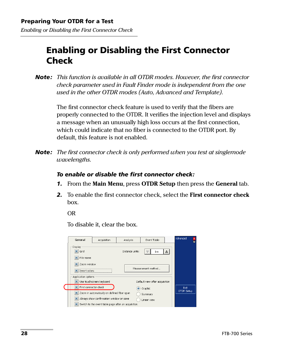 Enabling or disabling the first connector check | EXFO FTB-700 for FTB-1 User Manual | Page 36 / 329