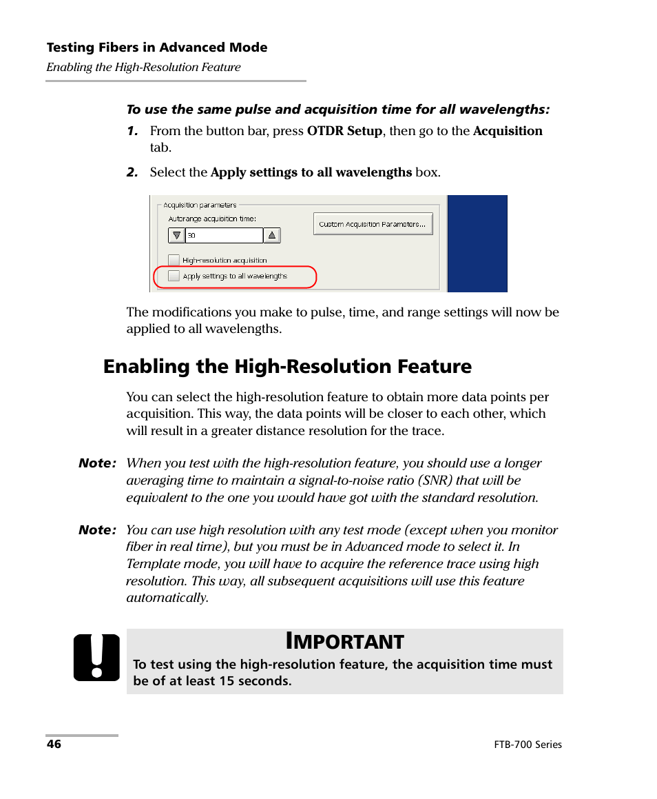 Enabling the high-resolution feature, Mportant | EXFO FTB-700 for FTB-1 User Manual | Page 54 / 329