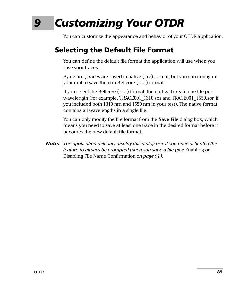 9 customizing your otdr, Selecting the default file format, 9customizing your otdr | EXFO FTB-700 for FTB-1 User Manual | Page 97 / 329