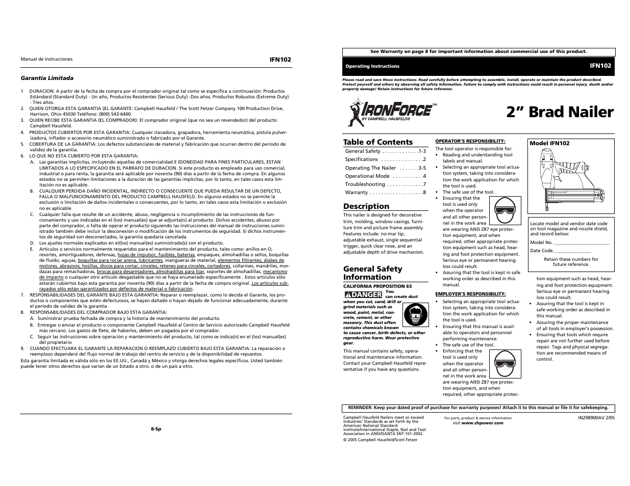 Campbell Hausfeld IRONFORCE IFN102 User Manual | 12 pages