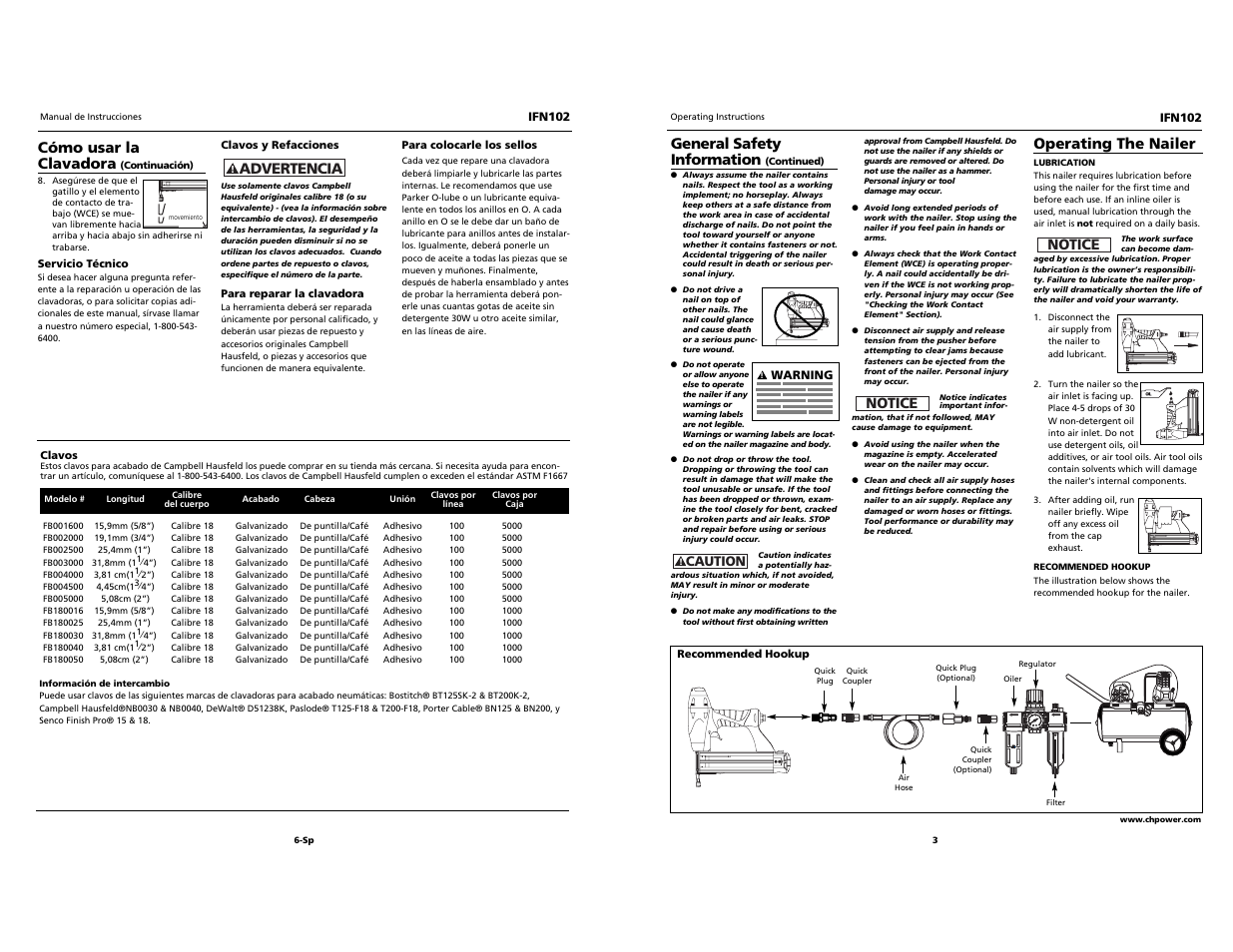 Cómo usar la clavadora, Advertencia, General safety information | Operating the nailer, Notice | Campbell Hausfeld IRONFORCE IFN102 User Manual | Page 3 / 12