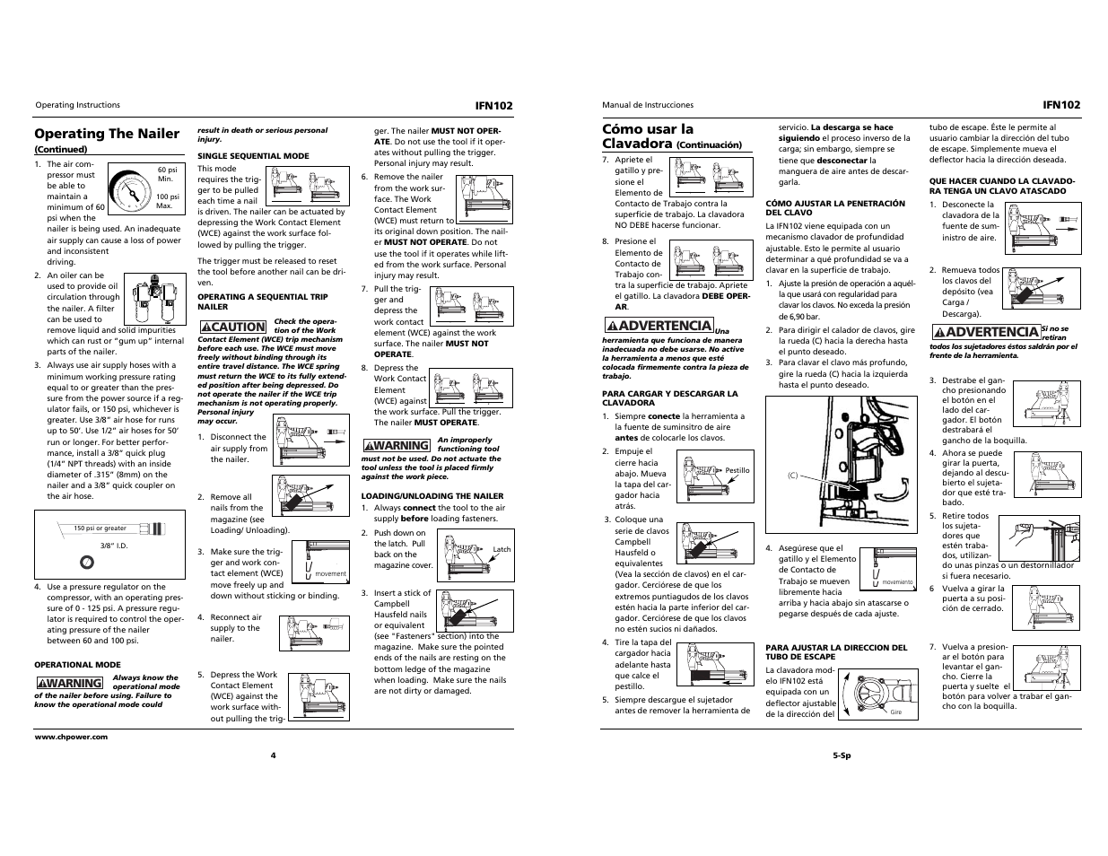 Built to last, Cómo usar la clavadora, Advertencia | Operating the nailer | Campbell Hausfeld IRONFORCE IFN102 User Manual | Page 4 / 12