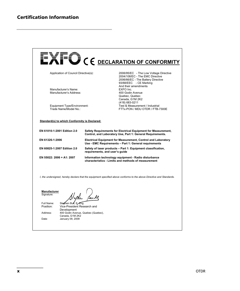 Declaration of conformity, Certification information, Otdr | EXFO FTB-7000 OTDR Series for FTB-500 User Manual | Page 10 / 482