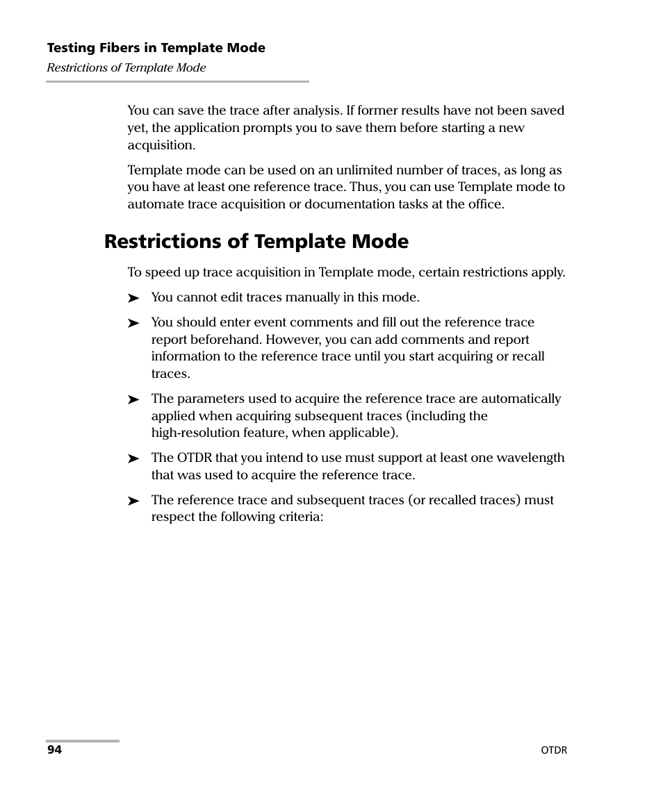 Restrictions of template mode | EXFO FTB-7000 OTDR Series for FTB-500 User Manual | Page 108 / 482