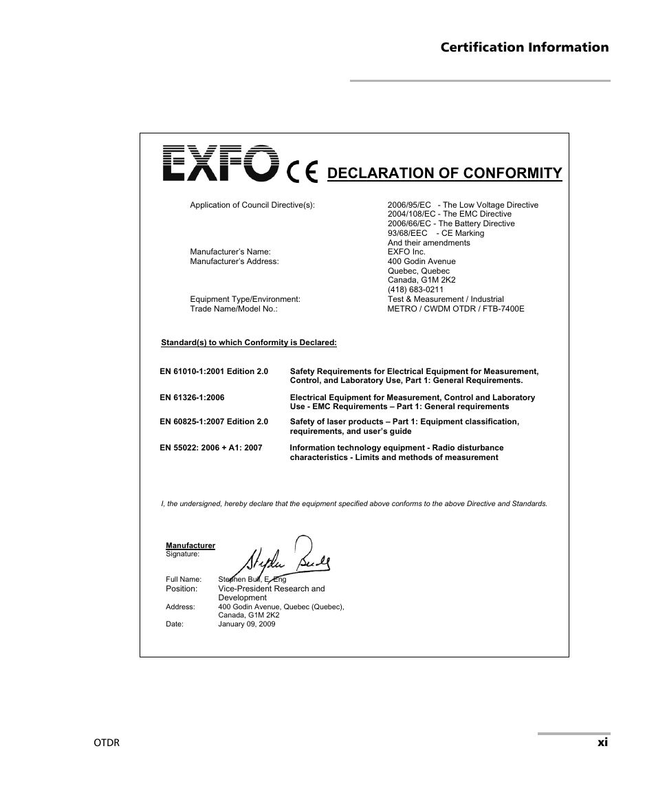 Declaration of conformity, Certification information, Otdr | EXFO FTB-7000 OTDR Series for FTB-500 User Manual | Page 11 / 482
