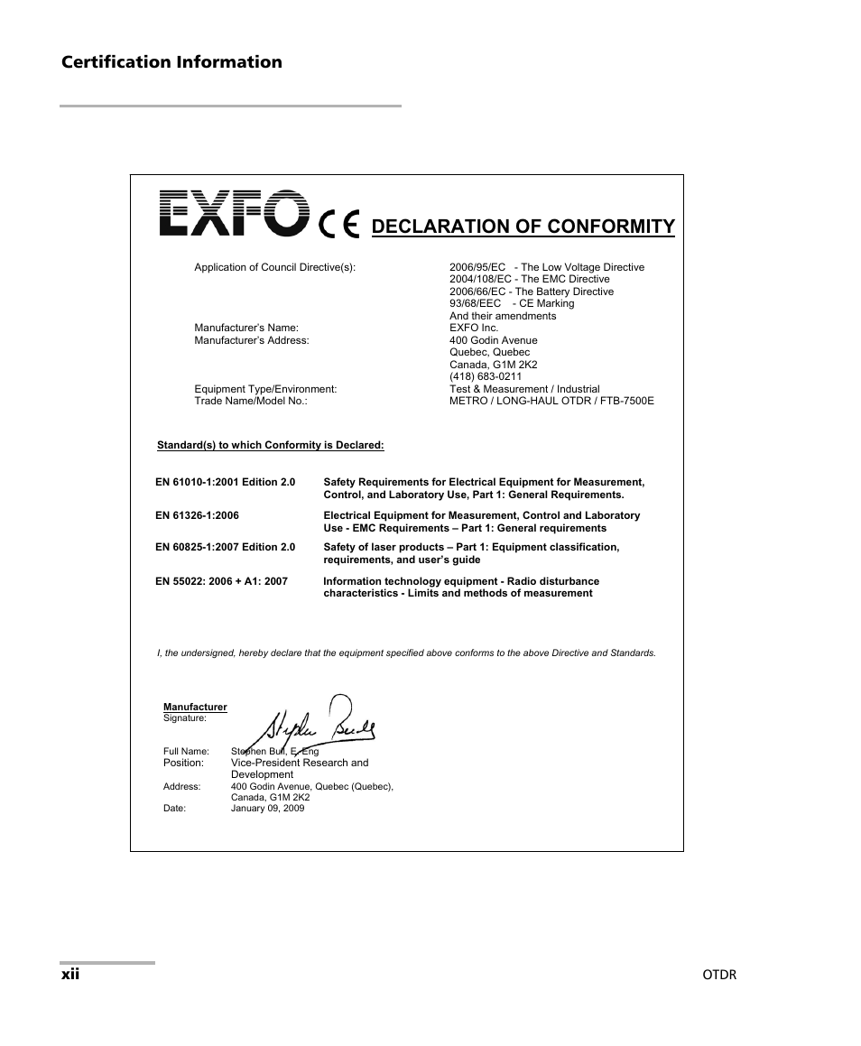 Declaration of conformity, Certification information, Otdr | EXFO FTB-7000 OTDR Series for FTB-500 User Manual | Page 12 / 482